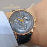 Junghans Meister Chronoscope 027/7923.03 Automatic SAPPHIRE Day-Date Black Leather Strap Watch